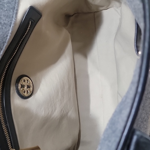 Tory Burch EUC Jaden Dark Gray Wool Flannel & Black Leather Tote Bag - Picture 6 of 7